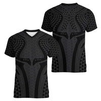 Hawaiian Kakau Art Tattoos Aquaman Style Women V-Neck T-Shirt Black Version - Polynesian Pride