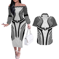 Hawaiian Kakau Art Tattoos Aquaman Style Couples Matching Off The Shoulder Long Sleeve Dress and Hawaiian Shirt White Version LT03 White - Polynesian Pride