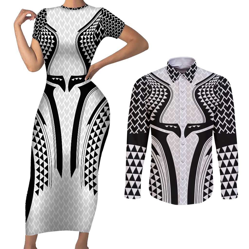 Hawaiian Kakau Art Tattoos Aquaman Style Couples Matching Short Sleeve Bodycon Dress and Long Sleeve Button Shirt White Version LT03 White - Polynesian Pride