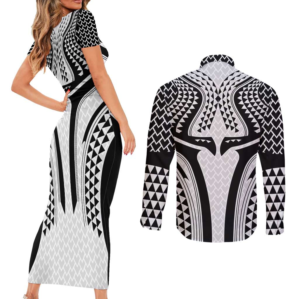 Hawaiian Kakau Art Tattoos Aquaman Style Couples Matching Short Sleeve Bodycon Dress and Long Sleeve Button Shirt White Version LT03 - Polynesian Pride