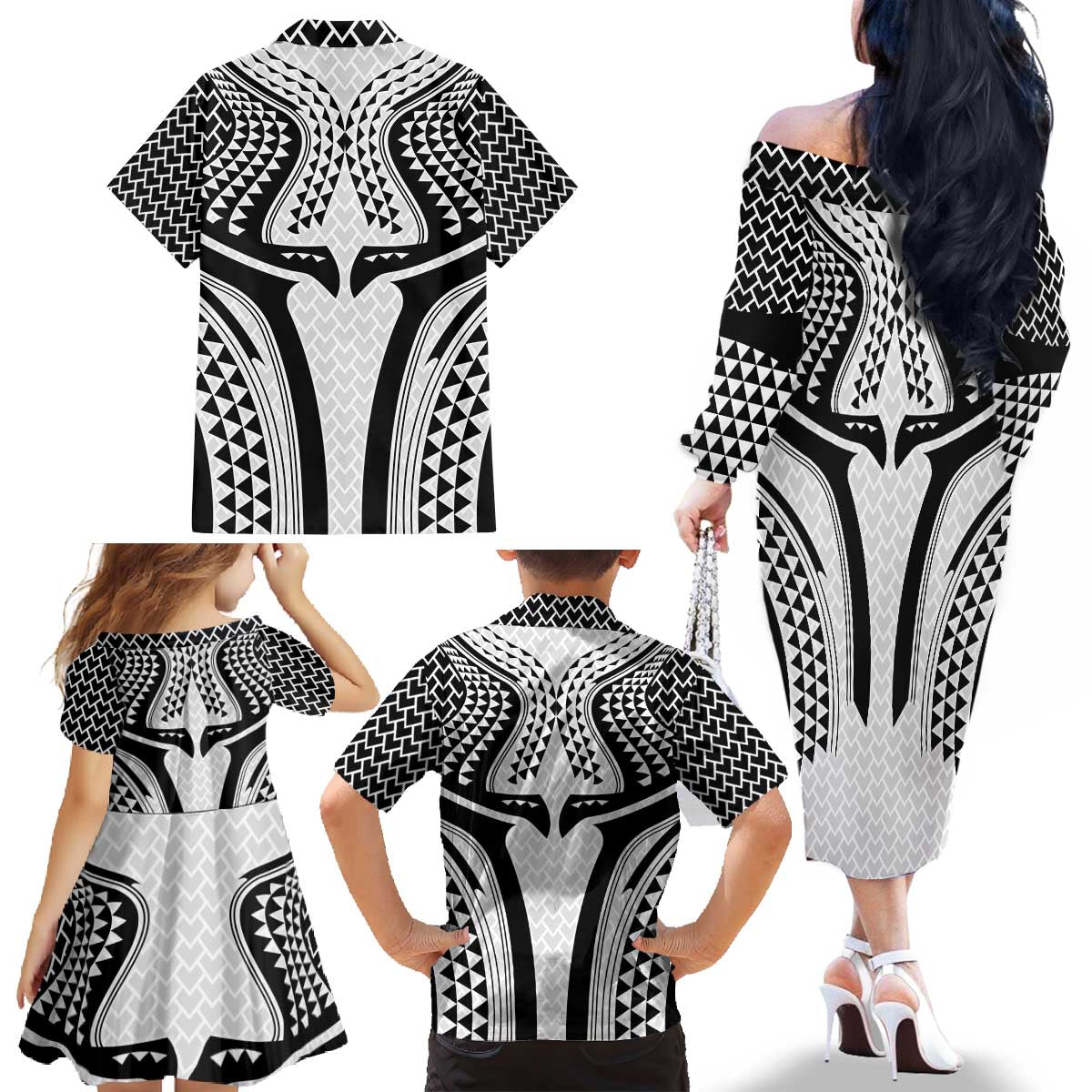 Hawaiian Kakau Art Tattoos Aquaman Style Family Matching Off The Shoulder Long Sleeve Dress and Hawaiian Shirt White Version LT03 - Polynesian Pride