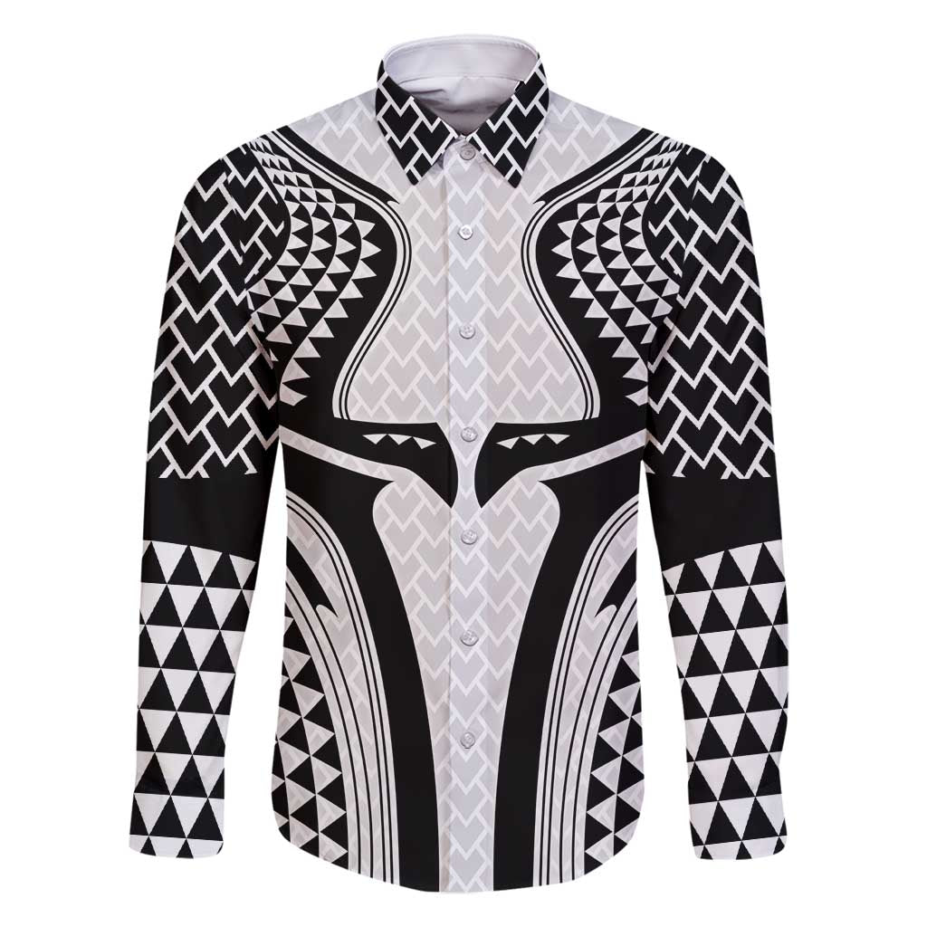 Hawaiian Kakau Art Tattoos Aquaman Style Family Matching Off Shoulder Short Dress and Hawaiian Shirt White Version LT03 Dad's Shirt - Long Sleeve White - Polynesian Pride