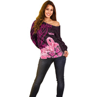 Polynesia Breast Cancer Off Shoulder Sweater Butterfly and Flowers Ribbon Maori Tattoo Ethnic Black Style LT03 - Polynesian Pride
