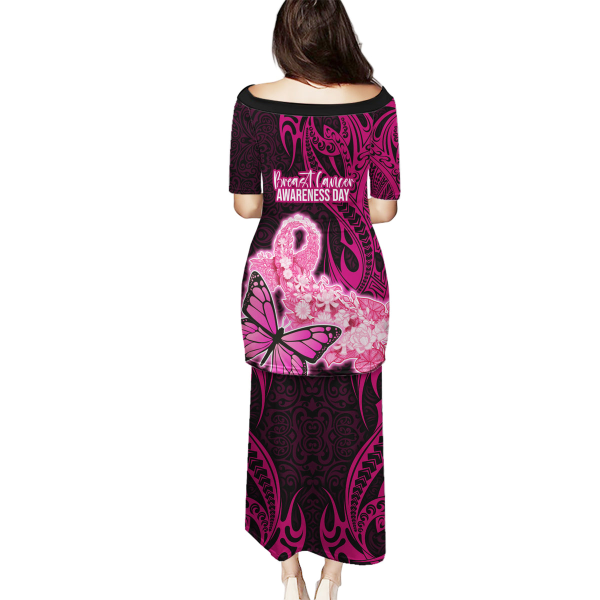 Polynesia Breast Cancer Puletasi Butterfly and Flowers Ribbon Maori Tattoo Ethnic Black Style LT03 - Polynesian Pride