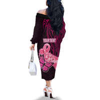 Custom Polynesia Breast Cancer Family Matching Off Shoulder Long Sleeve Dress and Hawaiian Shirt Butterfly and Flowers Ribbon Maori Tattoo Ethnic Black Style LT03 - Polynesian Pride