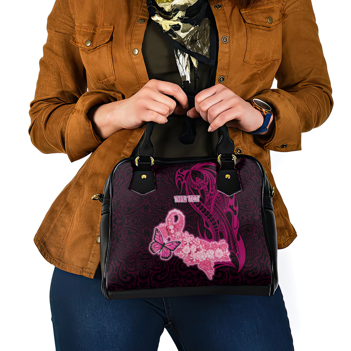 Custom Polynesia Breast Cancer Shoulder Handbag Butterfly and Flowers Ribbon Maori Tattoo Ethnic Black Style LT03 - Polynesian Pride