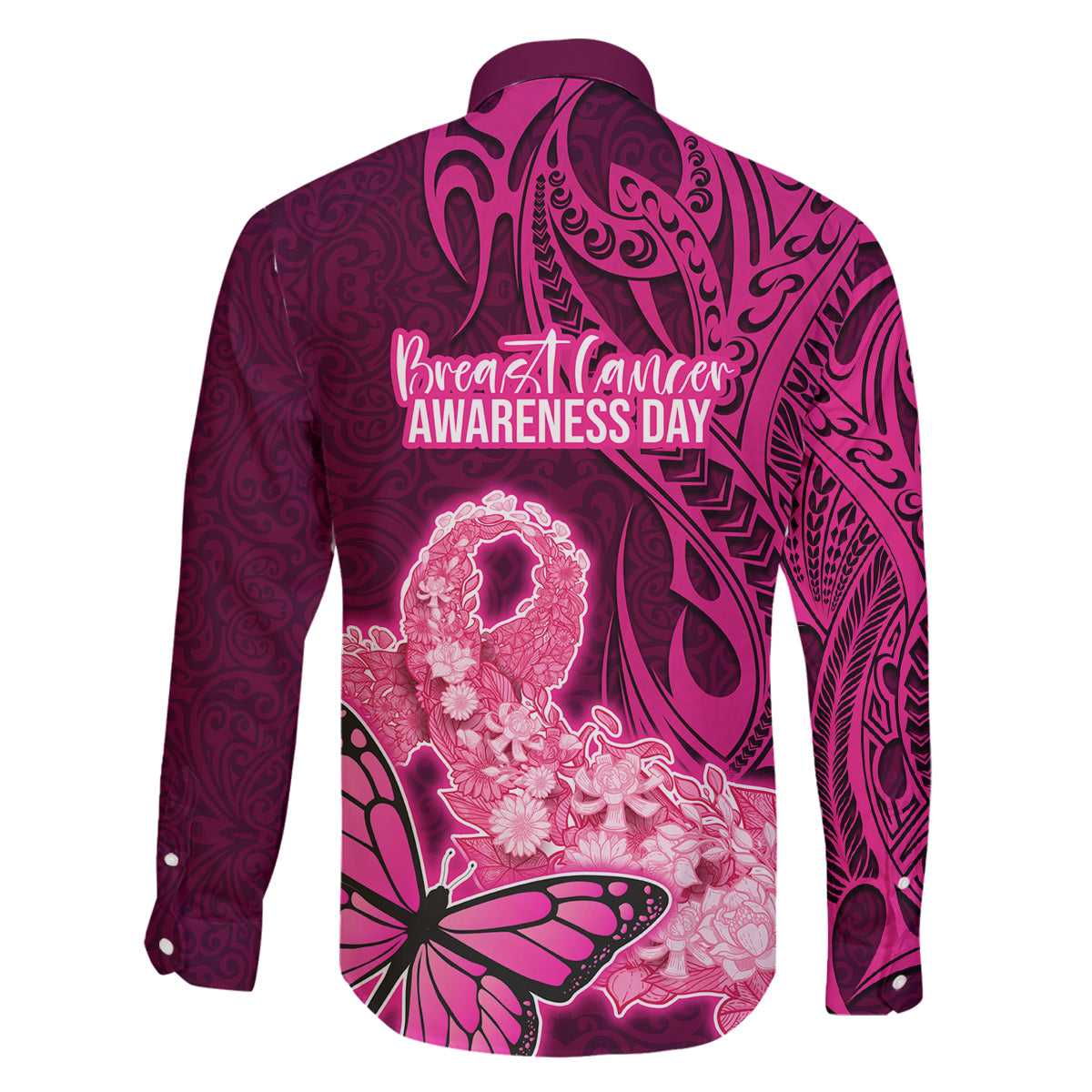 Polynesia Breast Cancer Family Matching Mermaid Dress and Hawaiian Shirt Butterfly and Flowers Ribbon Maori Tattoo Ethnic Pink Style LT03 - Polynesian Pride