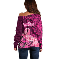 Polynesia Breast Cancer Off Shoulder Sweater Butterfly and Flowers Ribbon Maori Tattoo Ethnic Pink Style LT03 - Polynesian Pride