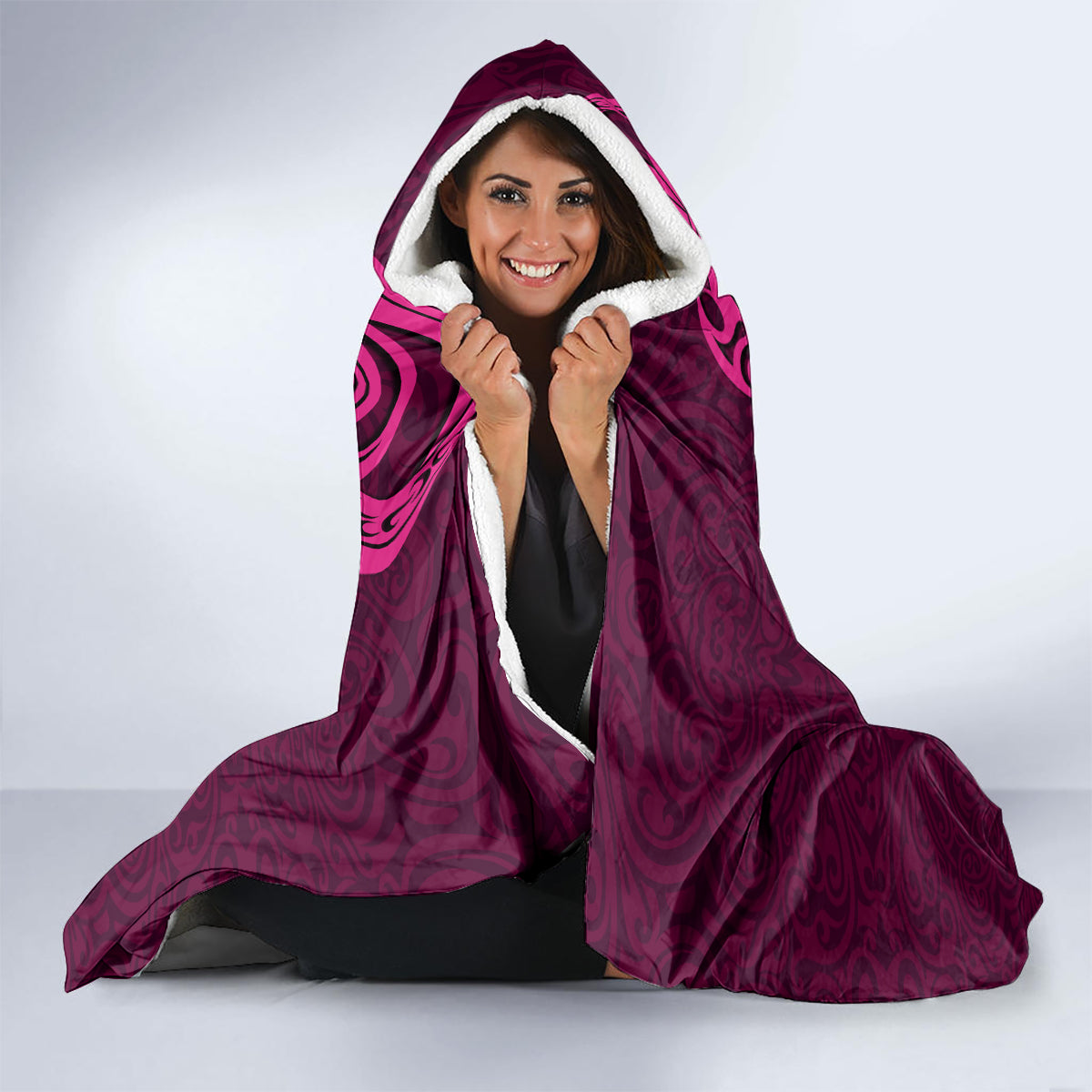 Custom Polynesia Breast Cancer Hooded Blanket Butterfly and Flowers Ribbon Maori Tattoo Ethnic Pink Style LT03 - Polynesian Pride