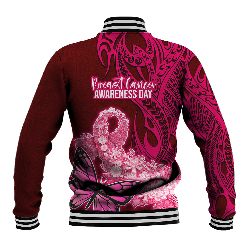 Polynesia Breast Cancer Baseball Jacket Butterfly and Flowers Ribbon Maori Tattoo Ethnic Red Style LT03 - Polynesian Pride