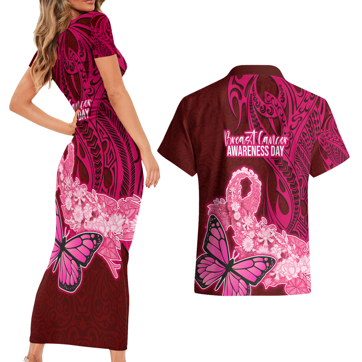 Polynesia Breast Cancer Couples Matching Short Sleeve Bodycon Dress and Hawaiian Shirt Butterfly and Flowers Ribbon Maori Tattoo Ethnic Red Style LT03 - Polynesian Pride