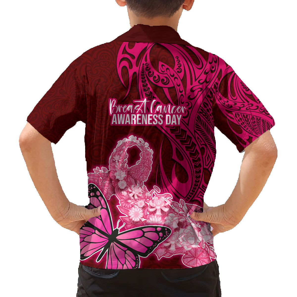 Polynesia Breast Cancer Family Matching Off Shoulder Short Dress and Hawaiian Shirt Butterfly and Flowers Ribbon Maori Tattoo Ethnic Red Style LT03 - Polynesian Pride
