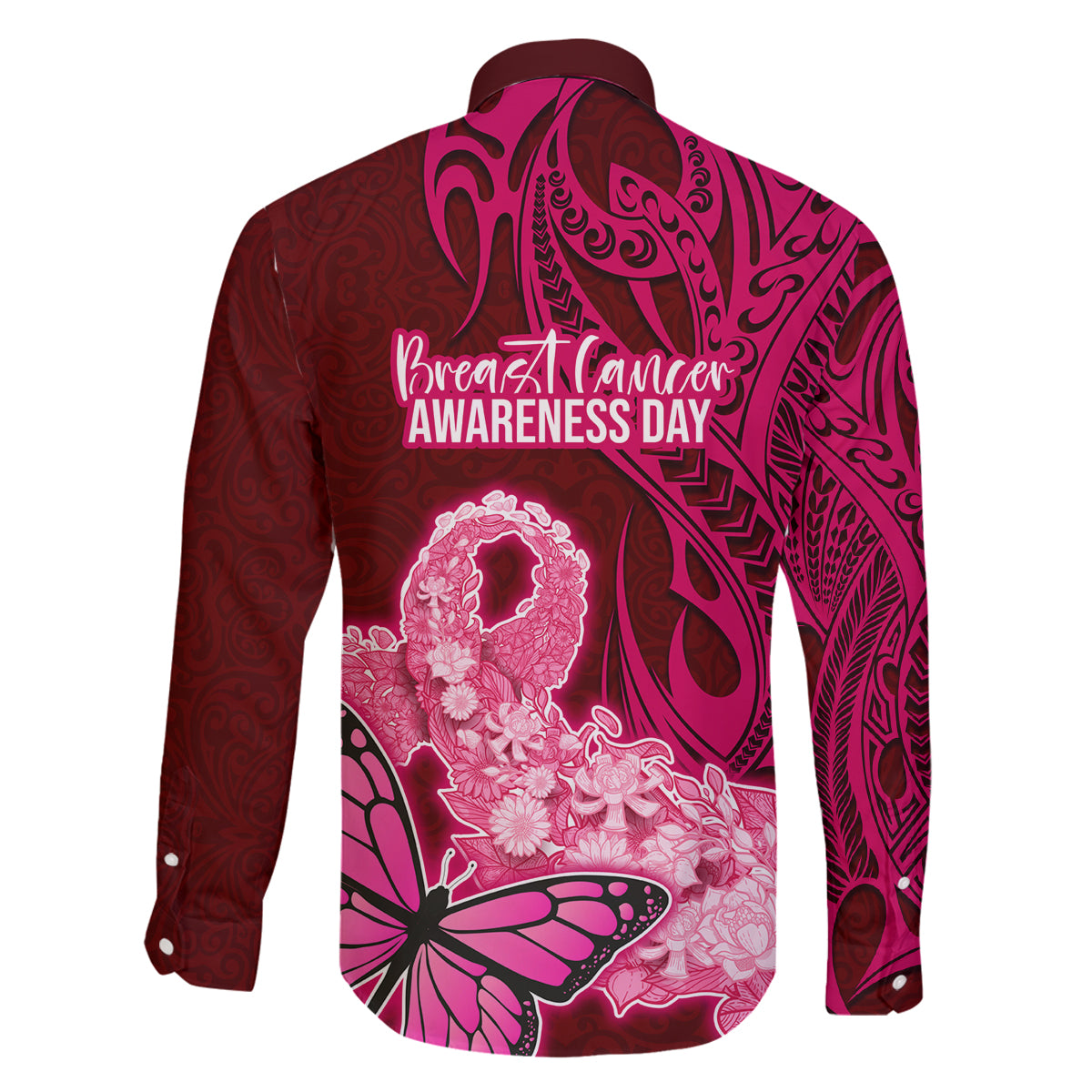 Polynesia Breast Cancer Family Matching Puletasi Dress and Hawaiian Shirt Butterfly and Flowers Ribbon Maori Tattoo Ethnic Red Style LT03 - Polynesian Pride