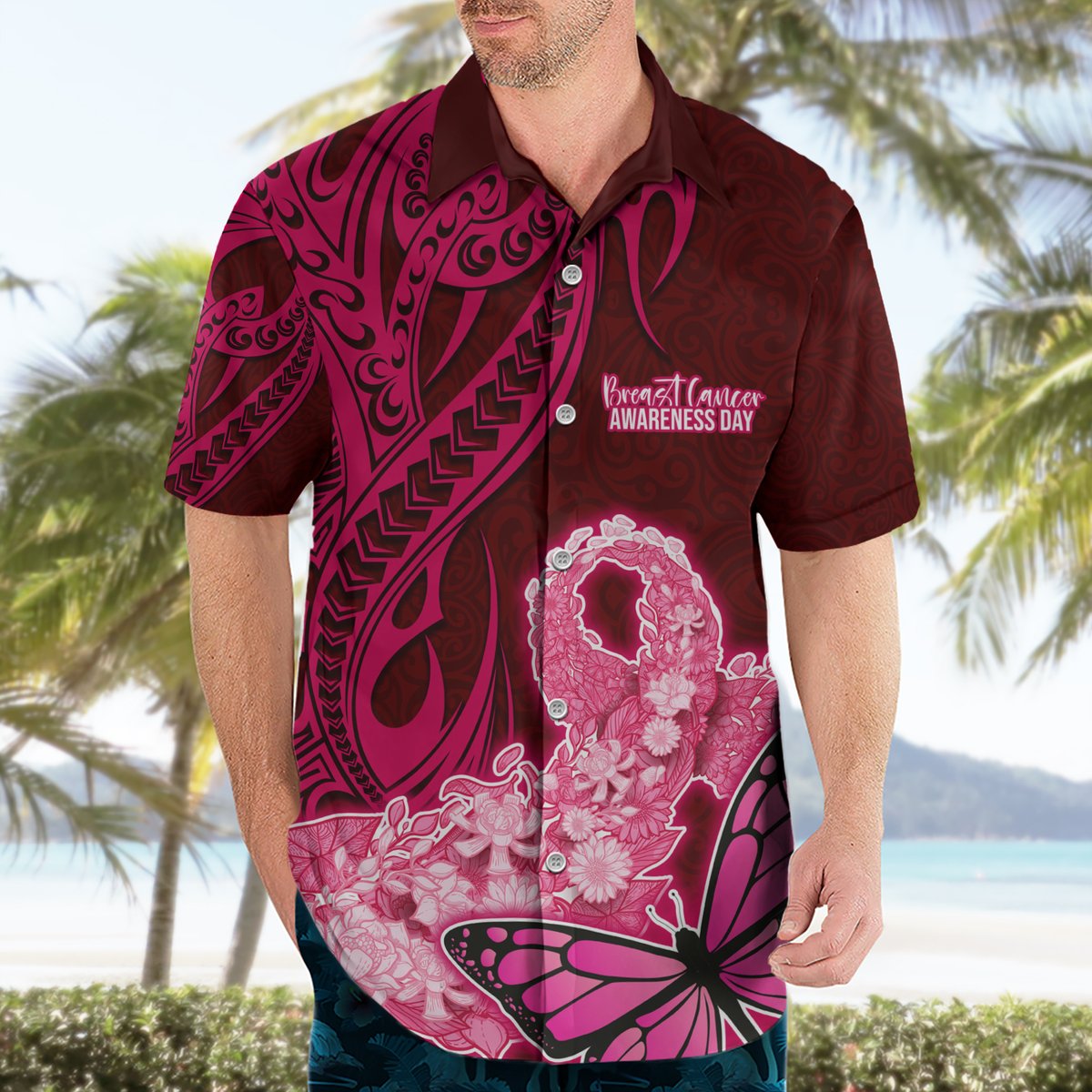 Polynesia Breast Cancer Hawaiian Shirt Butterfly and Flowers Ribbon Maori Tattoo Ethnic Red Style LT03 - Polynesian Pride