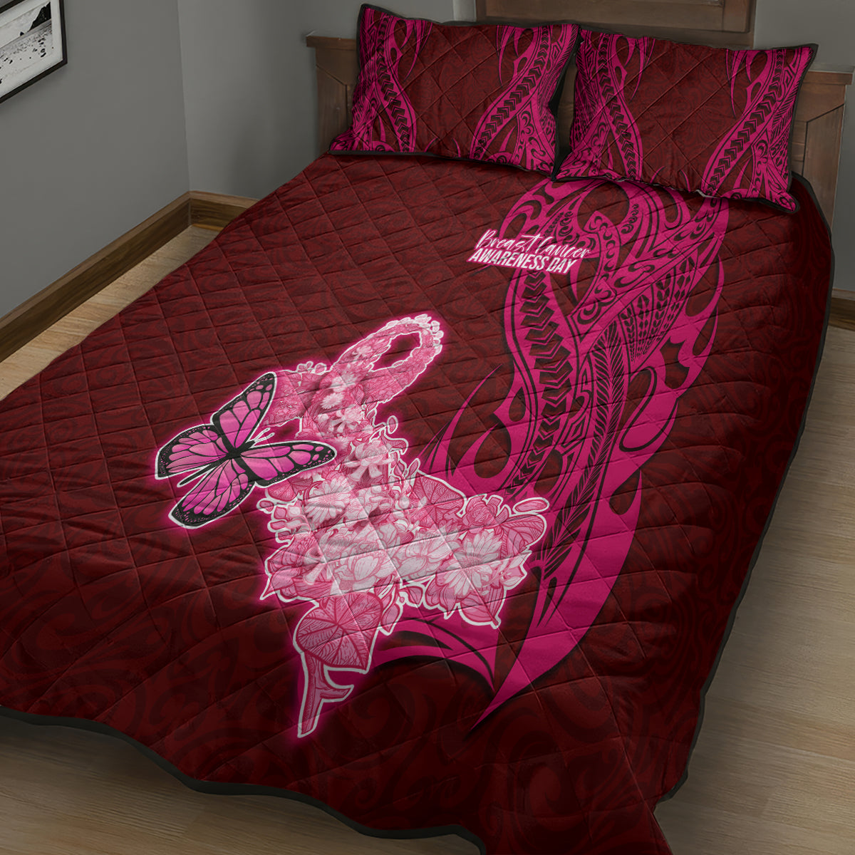 Polynesia Breast Cancer Quilt Bed Set Butterfly and Flowers Ribbon Maori Tattoo Ethnic Red Style LT03 - Polynesian Pride