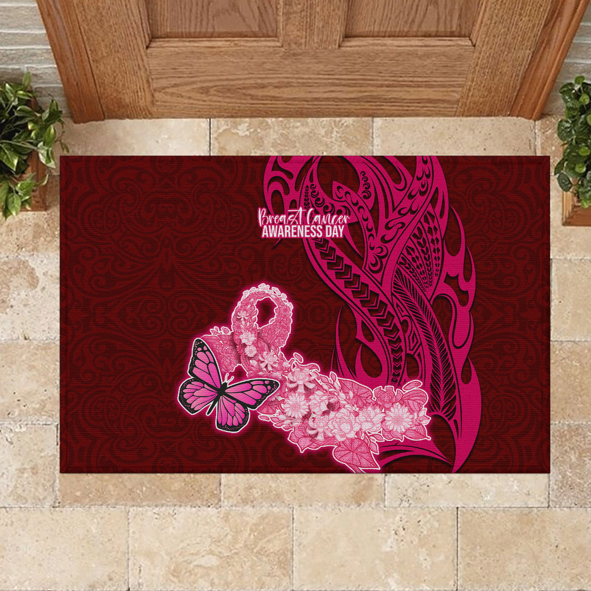 Polynesia Breast Cancer Rubber Doormat Butterfly and Flowers Ribbon Maori Tattoo Ethnic Red Style LT03 - Polynesian Pride