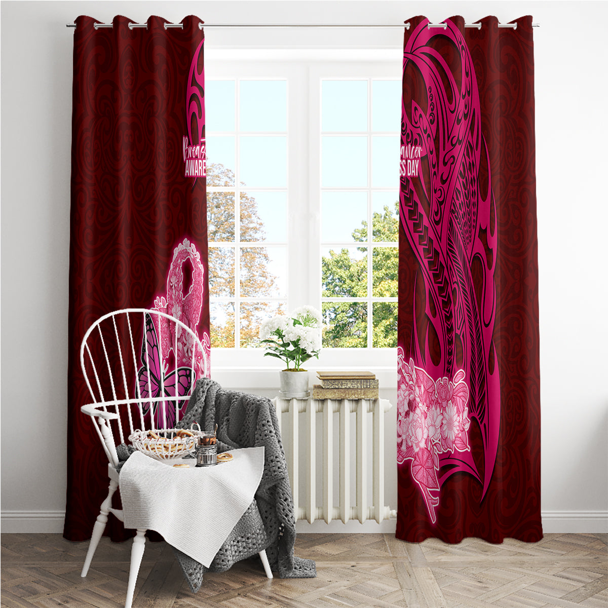 Polynesia Breast Cancer Window Curtain Butterfly and Flowers Ribbon Maori Tattoo Ethnic Red Style LT03 - Polynesian Pride