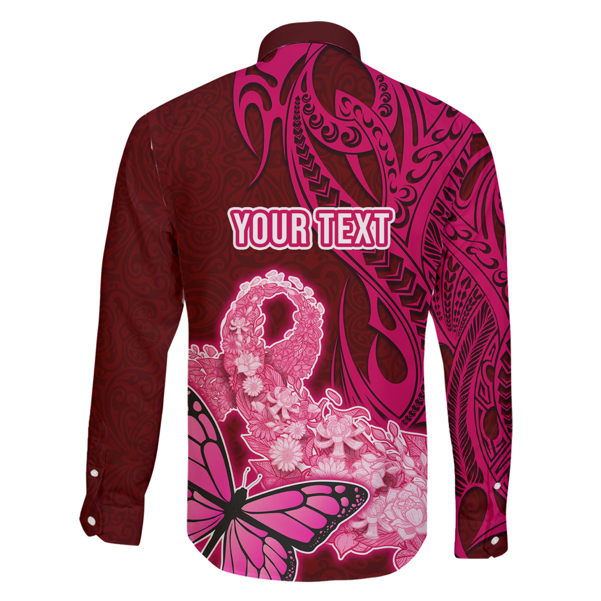 Custom Polynesia Breast Cancer Family Matching Tank Maxi Dress and Hawaiian Shirt Butterfly and Flowers Ribbon Maori Tattoo Ethnic Red Style LT03 - Polynesian Pride