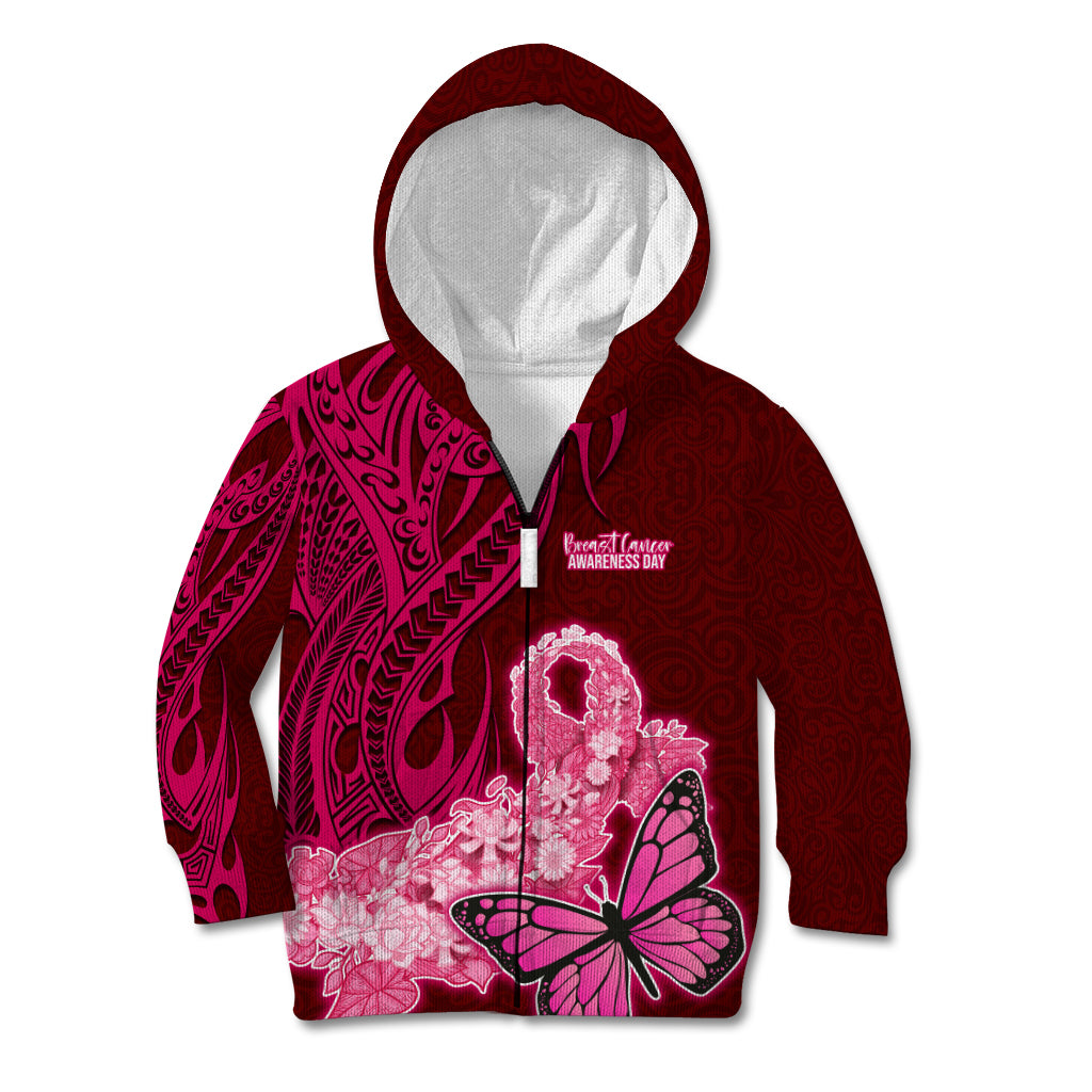 Custom Polynesia Breast Cancer Kid Hoodie Butterfly and Flowers Ribbon Maori Tattoo Ethnic Red Style LT03 - Polynesian Pride