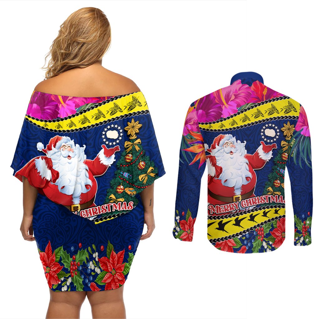 Cook Island Christmas Couples Matching Off Shoulder Short Dress and Long Sleeve Button Shirt Santa Claus Mix Maroro and Kakaia Hibiscus Flower Maori Pattern LT03 - Polynesian Pride