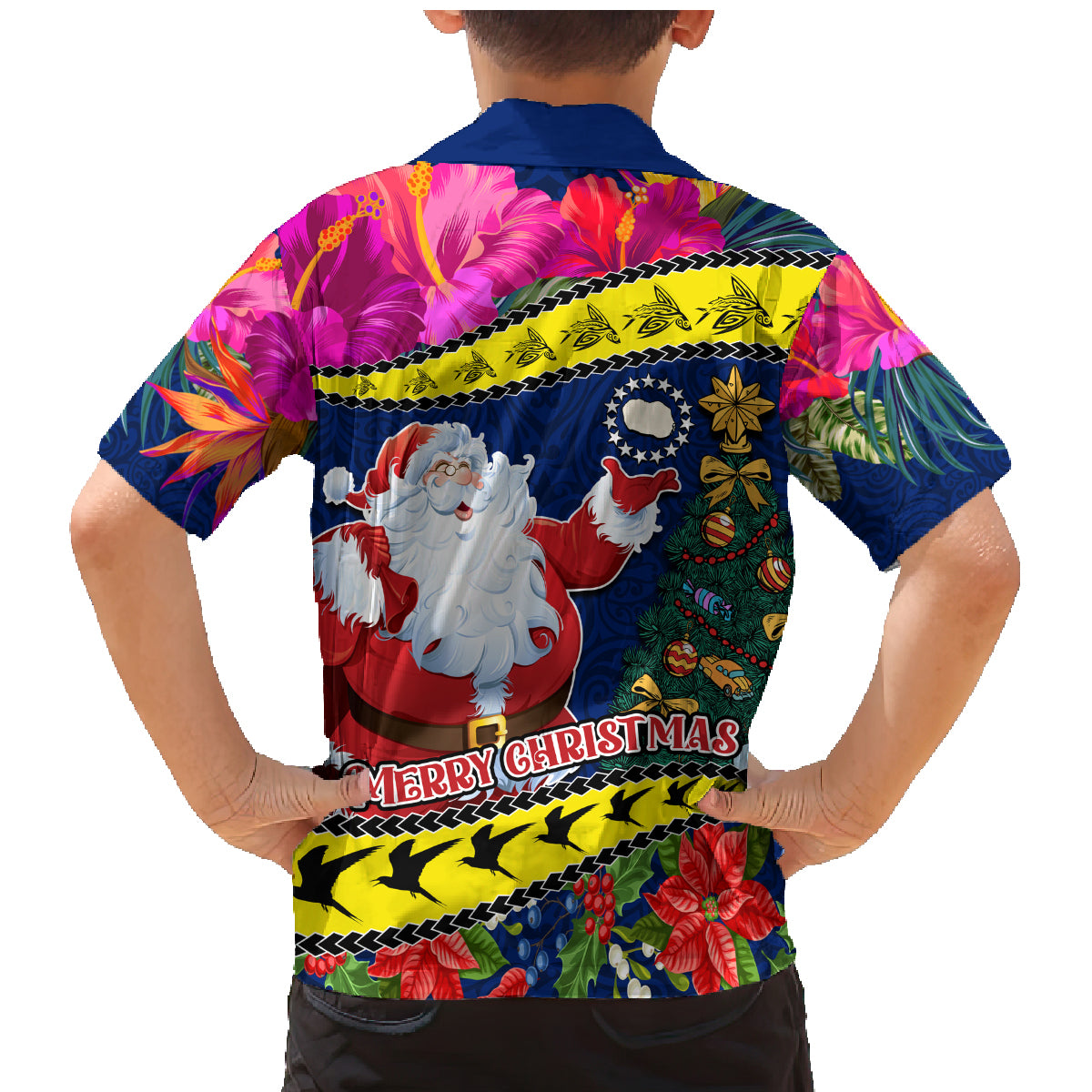Cook Island Christmas Family Matching Mermaid Dress and Hawaiian Shirt Santa Claus Mix Maroro and Kakaia Hibiscus Flower Maori Pattern LT03 - Polynesian Pride