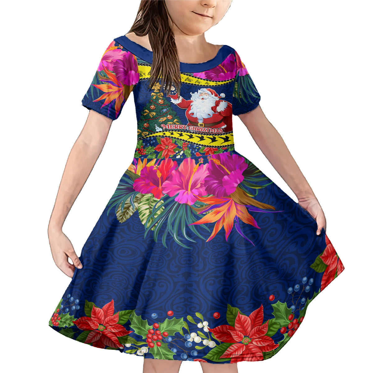 Cook Island Christmas Family Matching Mermaid Dress and Hawaiian Shirt Santa Claus Mix Maroro and Kakaia Hibiscus Flower Maori Pattern LT03 Daughter's Dress Blue - Polynesian Pride
