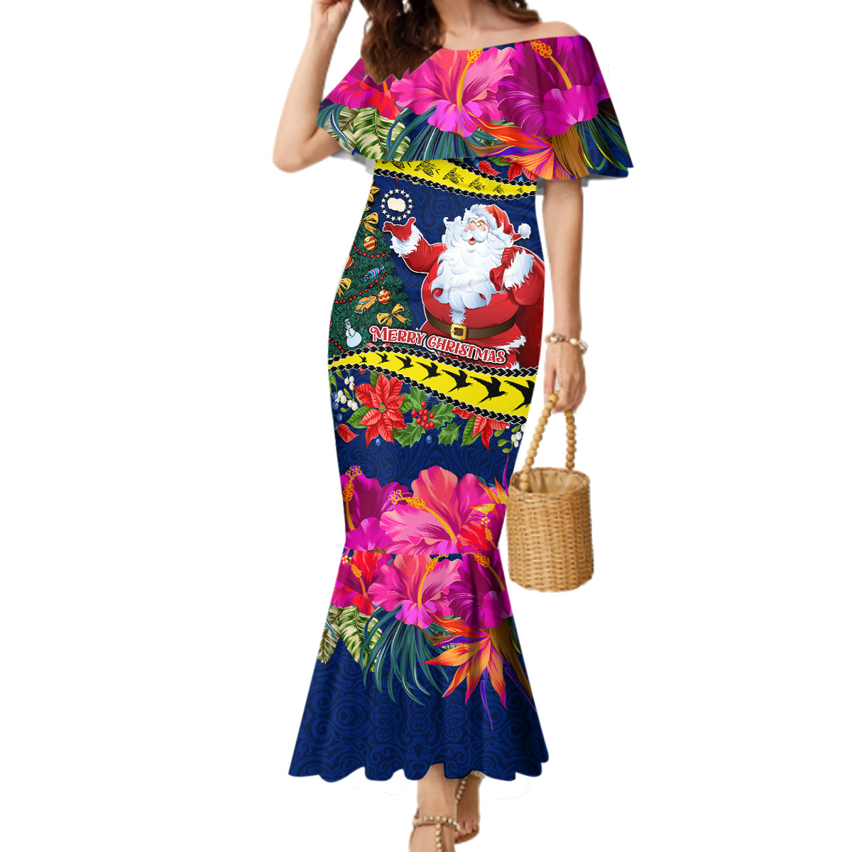 Cook Island Christmas Family Matching Mermaid Dress and Hawaiian Shirt Santa Claus Mix Maroro and Kakaia Hibiscus Flower Maori Pattern LT03 Mom's Dress Blue - Polynesian Pride