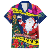 Cook Island Christmas Family Matching Off Shoulder Maxi Dress and Hawaiian Shirt Santa Claus Mix Maroro and Kakaia Hibiscus Flower Maori Pattern LT03 Dad's Shirt - Short Sleeve Blue - Polynesian Pride
