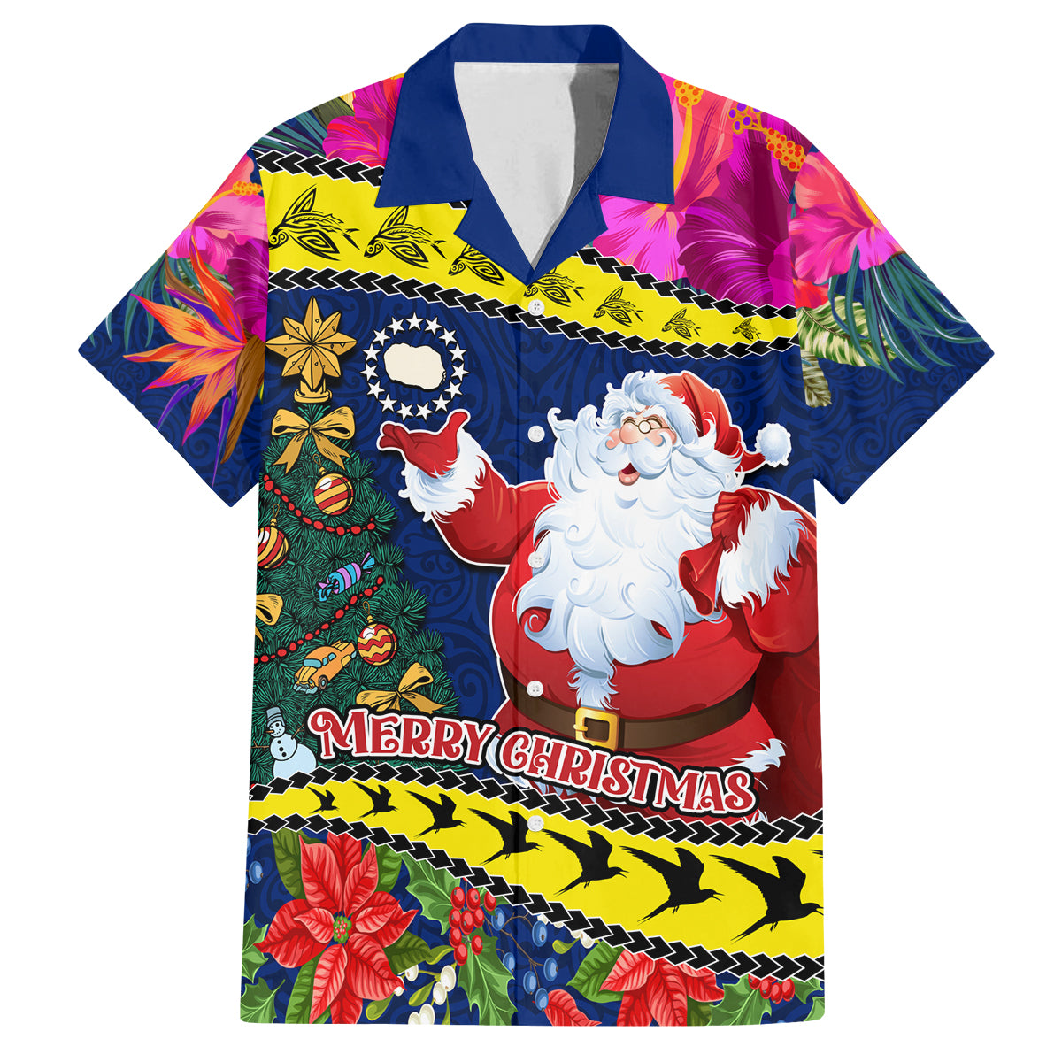 Cook Island Christmas Family Matching Tank Maxi Dress and Hawaiian Shirt Santa Claus Mix Maroro and Kakaia Hibiscus Flower Maori Pattern LT03 Dad's Shirt - Short Sleeve Blue - Polynesian Pride