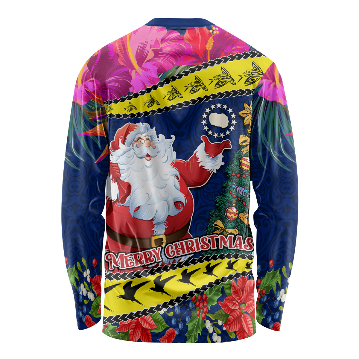 Cook Island Christmas Long Sleeve Shirt Santa Claus Mix Maroro and Kakaia Hibiscus Flower Maori Pattern LT03 - Polynesian Pride