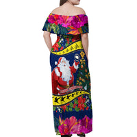 Cook Island Christmas Off Shoulder Maxi Dress Santa Claus Mix Maroro and Kakaia Hibiscus Flower Maori Pattern LT03 - Polynesian Pride