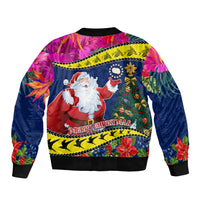Cook Island Christmas Sleeve Zip Bomber Jacket Santa Claus Mix Maroro and Kakaia Hibiscus Flower Maori Pattern LT03 - Polynesian Pride