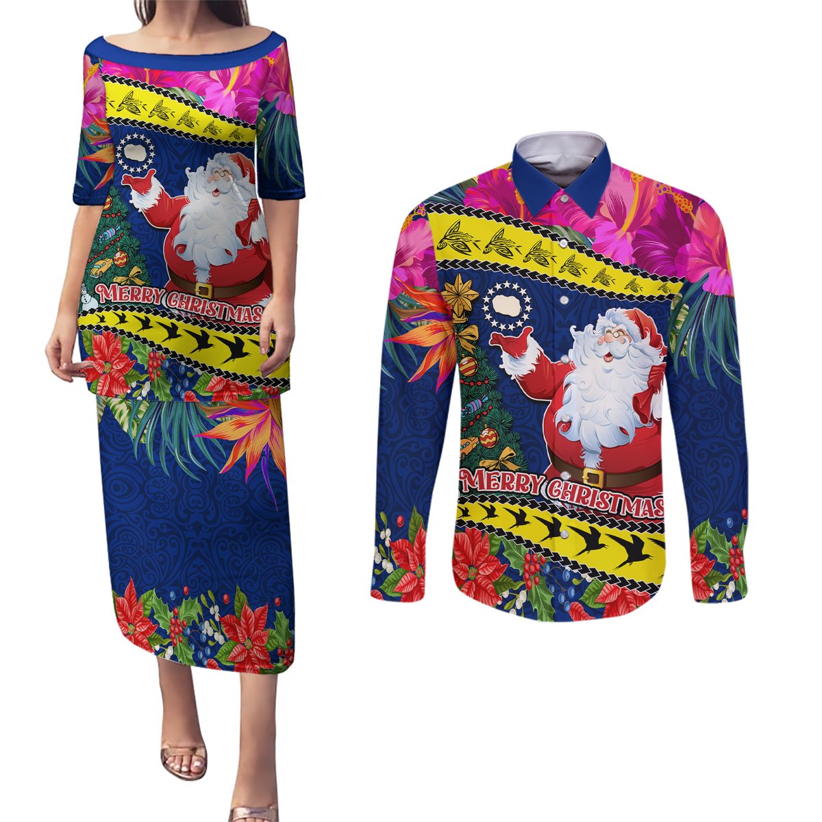 Personalised Cook Island Christmas Couples Matching Puletasi Dress and Long Sleeve Button Shirt Santa Claus Mix Maroro and Kakaia Hibiscus Flower Maori Pattern LT03 Blue - Polynesian Pride