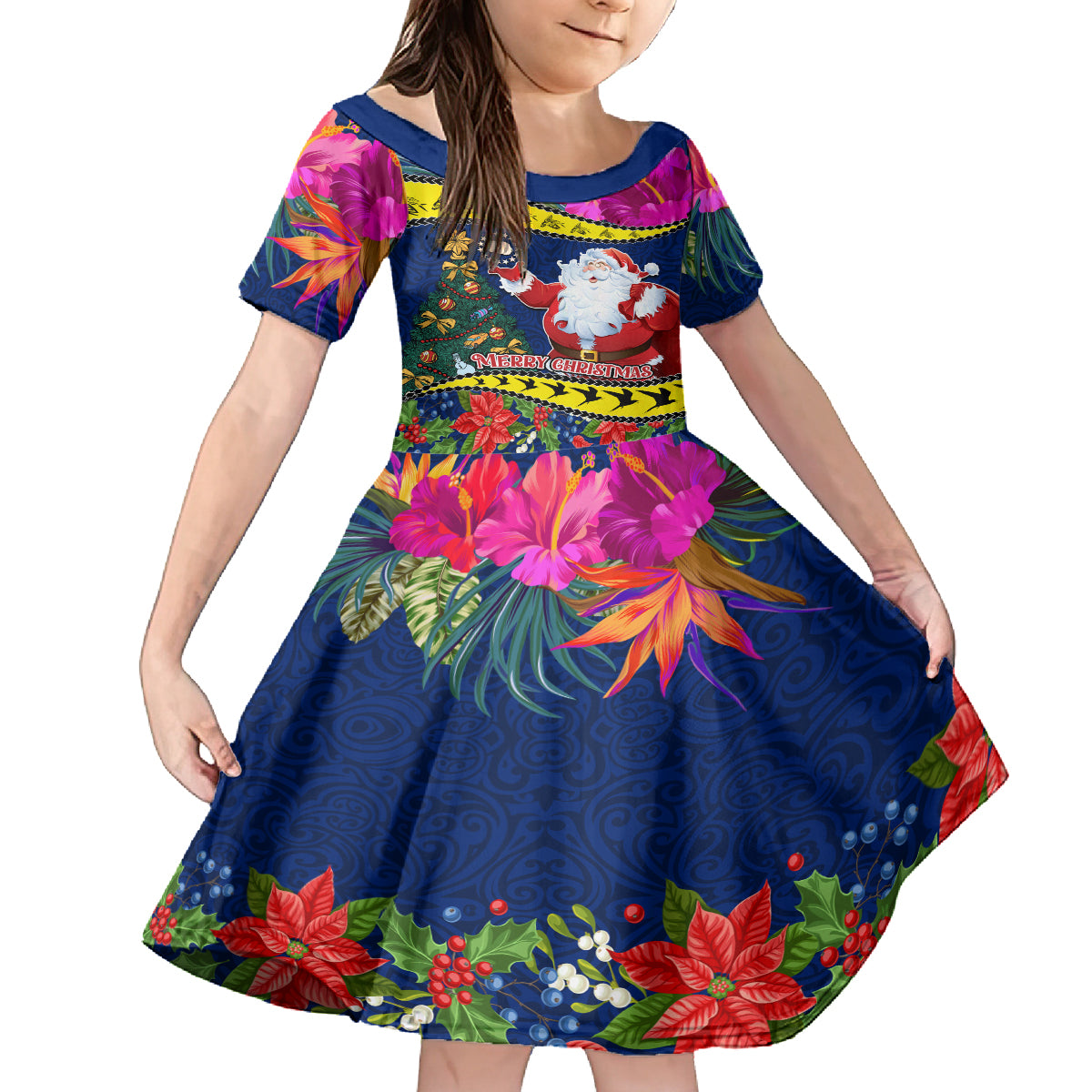 Personalised Cook Island Christmas Kid Short Sleeve Dress Santa Claus Mix Maroro and Kakaia Hibiscus Flower Maori Pattern LT03 KID Blue - Polynesian Pride