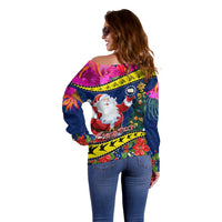 Personalised Cook Island Christmas Off Shoulder Sweater Santa Claus Mix Maroro and Kakaia Hibiscus Flower Maori Pattern LT03 - Polynesian Pride