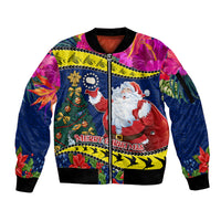 Personalised Cook Island Christmas Sleeve Zip Bomber Jacket Santa Claus Mix Maroro and Kakaia Hibiscus Flower Maori Pattern LT03 Unisex Blue - Polynesian Pride