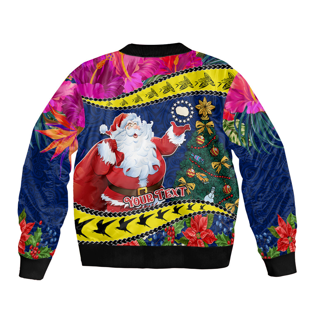 Personalised Cook Island Christmas Sleeve Zip Bomber Jacket Santa Claus Mix Maroro and Kakaia Hibiscus Flower Maori Pattern LT03 - Polynesian Pride