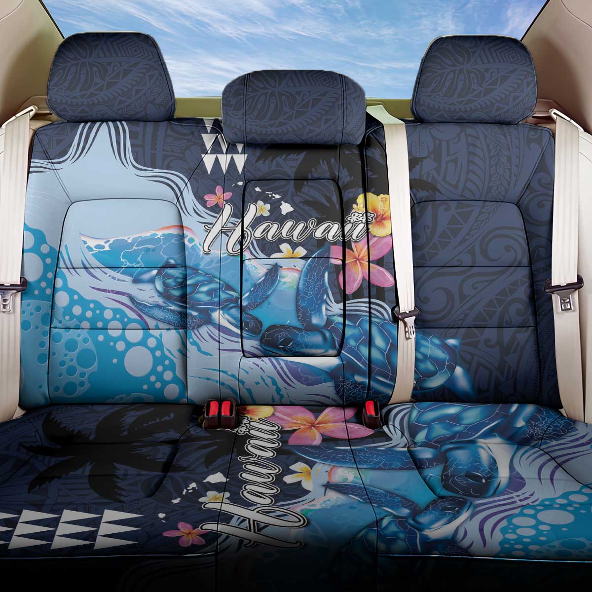 Hawaiian Honu Honi Ihu Back Car Seat Cover With Plumeria and Kakau Art Pattern LT03 One Size Dark Blue - Polynesian Pride