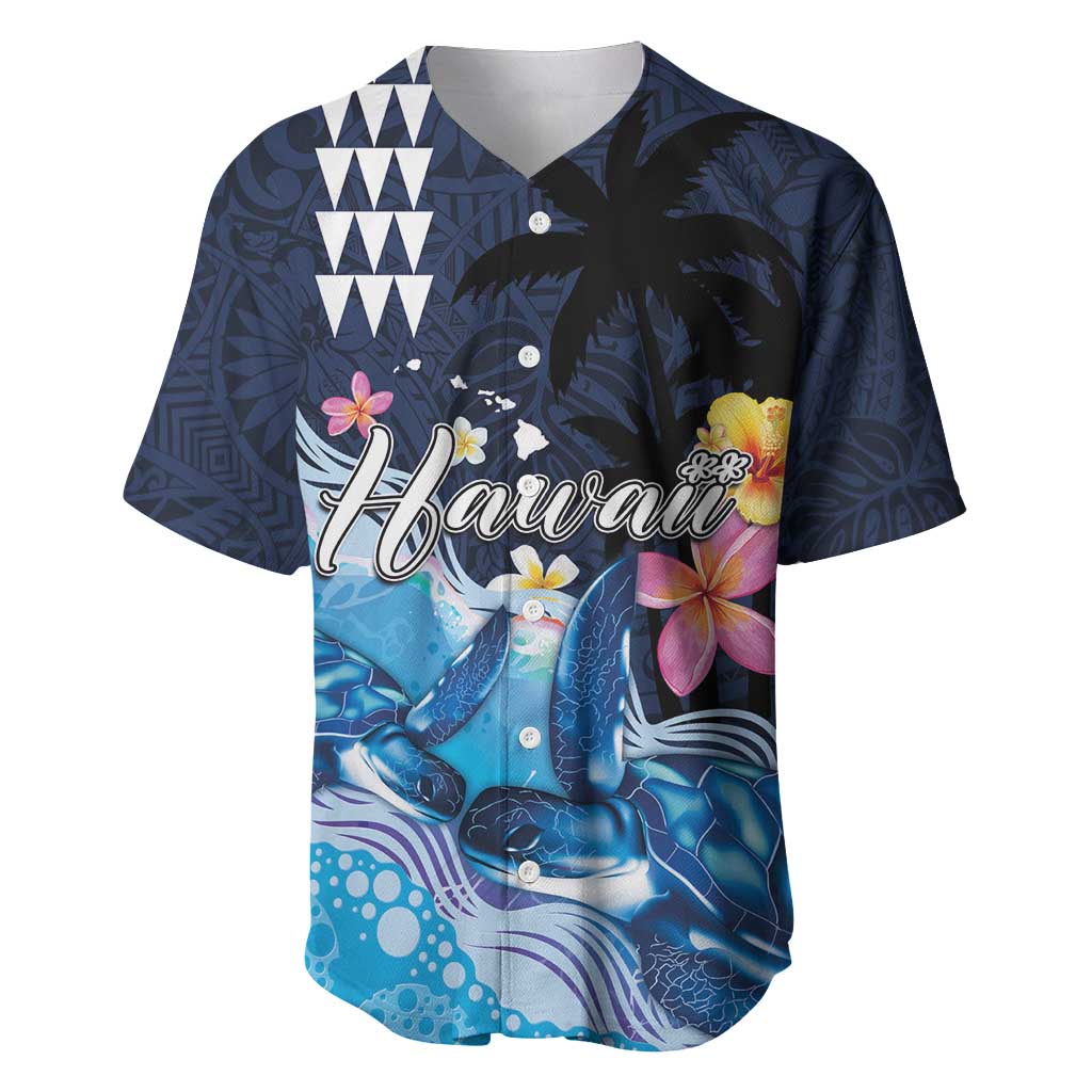 Hawaiian Honu Honi Ihu Baseball Jersey With Plumeria and Kakau Art Pattern LT03 Dark Blue - Polynesian Pride