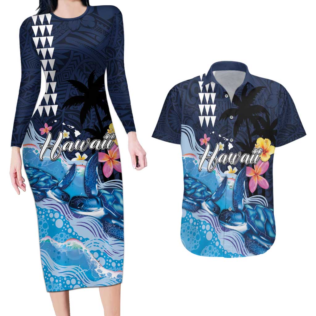 Hawaiian Honu Honi Ihu Couples Matching Long Sleeve Bodycon Dress and Hawaiian Shirt With Plumeria and Kakau Art Pattern LT03 Dark Blue - Polynesian Pride