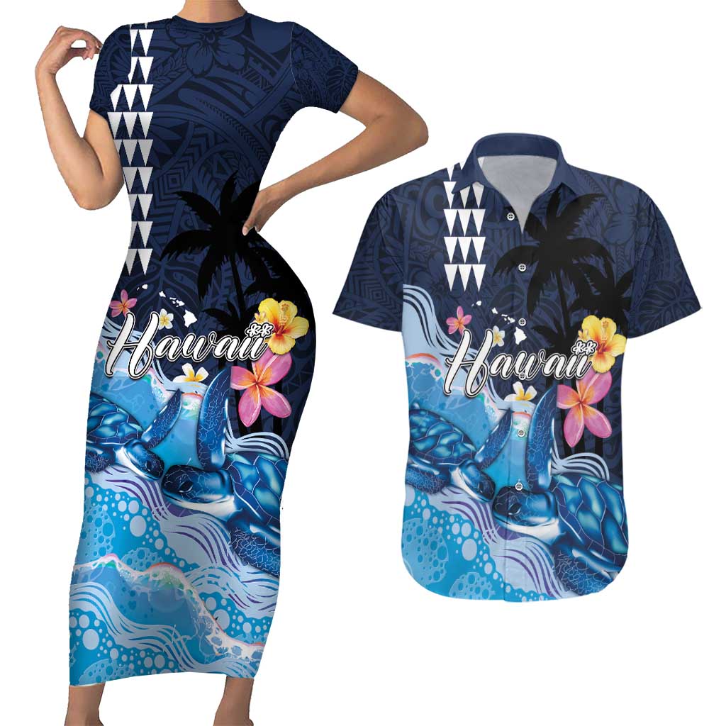 Hawaiian Honu Honi Ihu Couples Matching Short Sleeve Bodycon Dress and Hawaiian Shirt With Plumeria and Kakau Art Pattern LT03 Dark Blue - Polynesian Pride