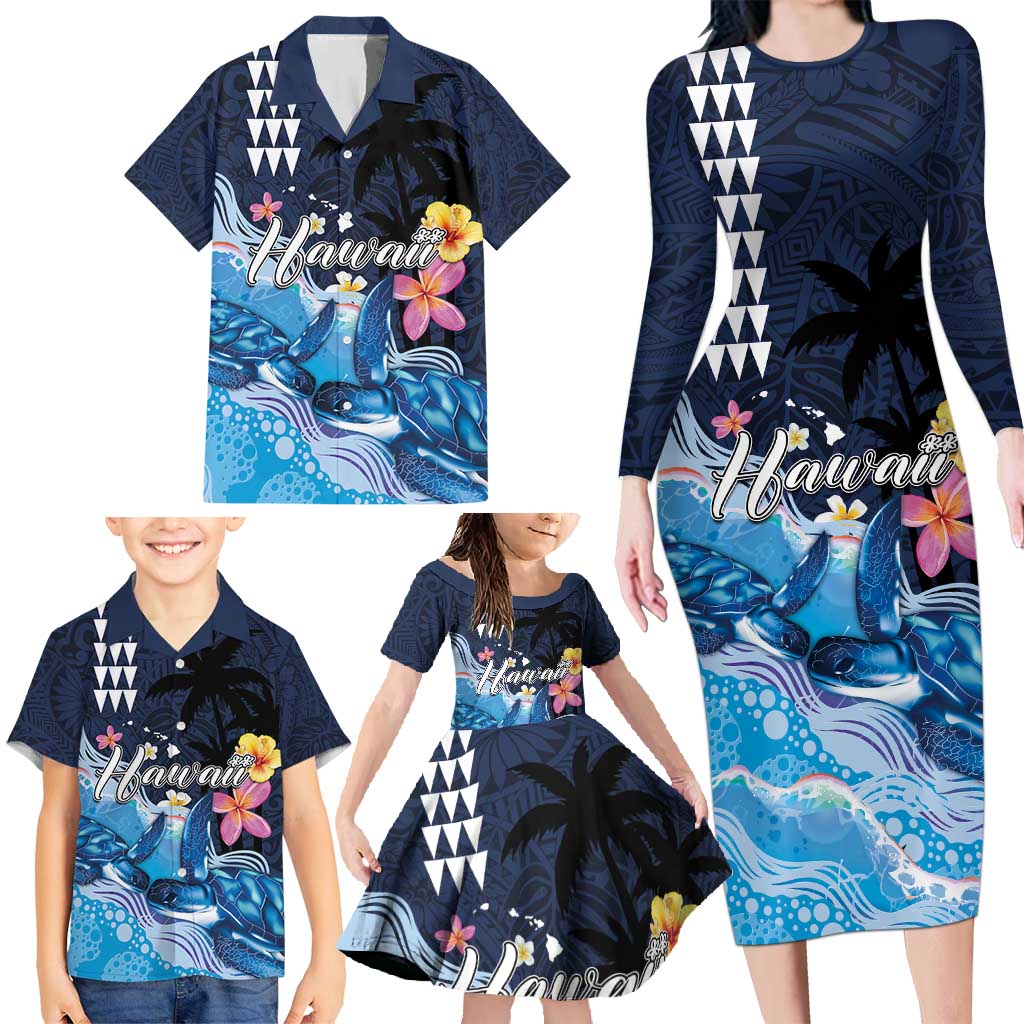 Hawaiian Honu Honi Ihu Family Matching Long Sleeve Bodycon Dress and Hawaiian Shirt With Plumeria and Kakau Art Pattern LT03 - Polynesian Pride
