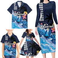 Hawaiian Honu Honi Ihu Family Matching Long Sleeve Bodycon Dress and Hawaiian Shirt With Plumeria and Kakau Art Pattern LT03 - Polynesian Pride