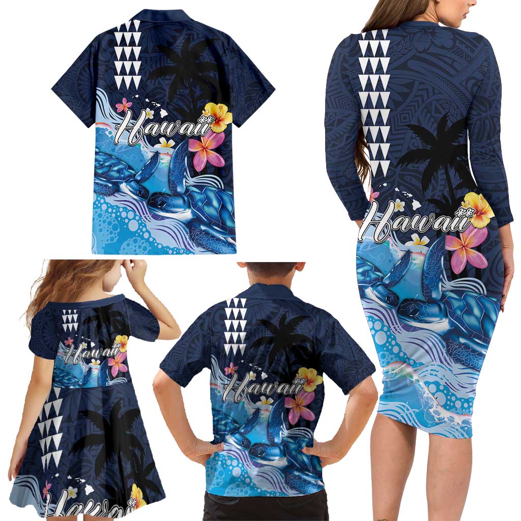 Hawaiian Honu Honi Ihu Family Matching Long Sleeve Bodycon Dress and Hawaiian Shirt With Plumeria and Kakau Art Pattern LT03 - Polynesian Pride