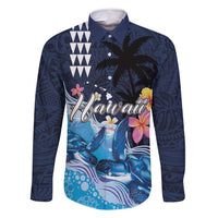 Hawaiian Honu Honi Ihu Family Matching Long Sleeve Bodycon Dress and Hawaiian Shirt With Plumeria and Kakau Art Pattern LT03 Dad's Shirt - Long Sleeve Dark Blue - Polynesian Pride