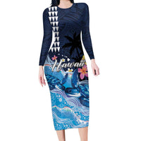 Hawaiian Honu Honi Ihu Family Matching Long Sleeve Bodycon Dress and Hawaiian Shirt With Plumeria and Kakau Art Pattern LT03 Mom's Dress Dark Blue - Polynesian Pride