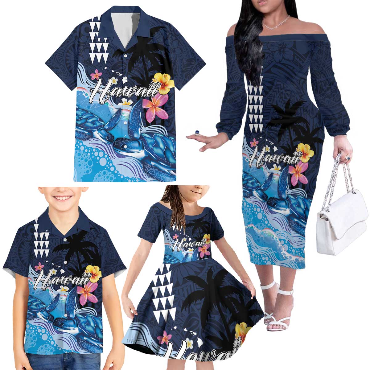 Hawaiian Honu Honi Ihu Family Matching Off The Shoulder Long Sleeve Dress and Hawaiian Shirt With Plumeria and Kakau Art Pattern LT03 - Polynesian Pride