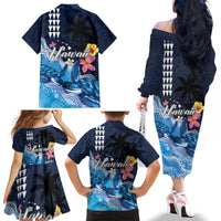 Hawaiian Honu Honi Ihu Family Matching Off The Shoulder Long Sleeve Dress and Hawaiian Shirt With Plumeria and Kakau Art Pattern LT03 - Polynesian Pride