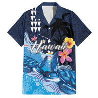 Hawaiian Honu Honi Ihu Family Matching Off The Shoulder Long Sleeve Dress and Hawaiian Shirt With Plumeria and Kakau Art Pattern LT03 Dad's Shirt - Short Sleeve Dark Blue - Polynesian Pride