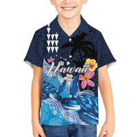 Hawaiian Honu Honi Ihu Family Matching Off The Shoulder Long Sleeve Dress and Hawaiian Shirt With Plumeria and Kakau Art Pattern LT03 Son's Shirt Dark Blue - Polynesian Pride